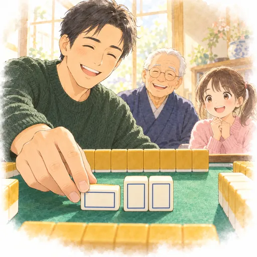 The father, smiling, calls pon and lays down three White dragon tiles, the claimed one turned sideways