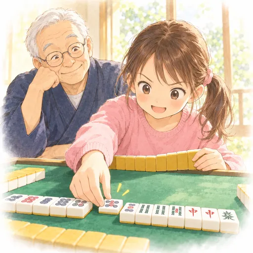 The granddaughter places her discard sideways in her pond to declare riichi while Grandpa smiles proudly behind her
