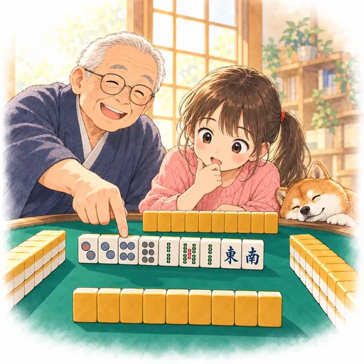 Grandpa points at another player's pond and explains while the granddaughter, chin in hand, compares it with her own tiles; the shiba dozes against her knee