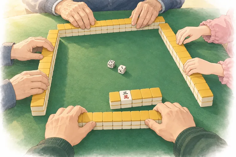 Four pairs of hands push face-down tiles into four walls forming a square, two dice in the middle and one dora indicator turned face up on the dead wall