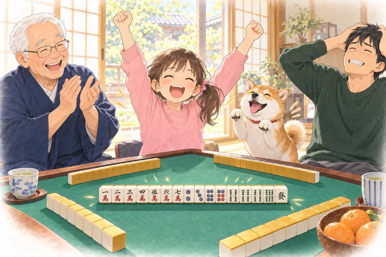 The granddaughter lays her 14 tiles face up and throws both arms in the air, Grandpa laughs and claps, the father clutches his head in mock despair and the shiba jumps for joy